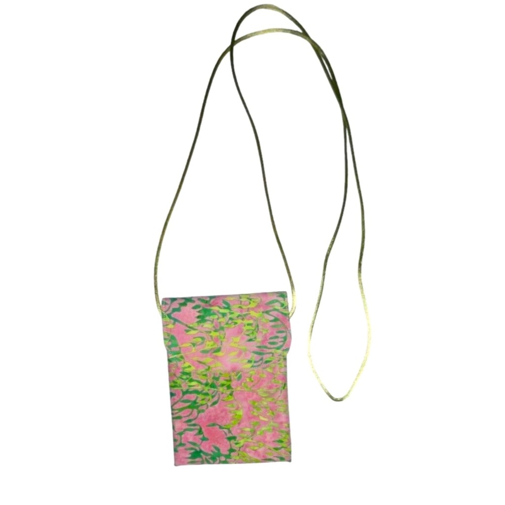 Batik Cotton Mini Fabric Purse Necklace Cord Pink Greens Pockets 3.75 x 5” Boho